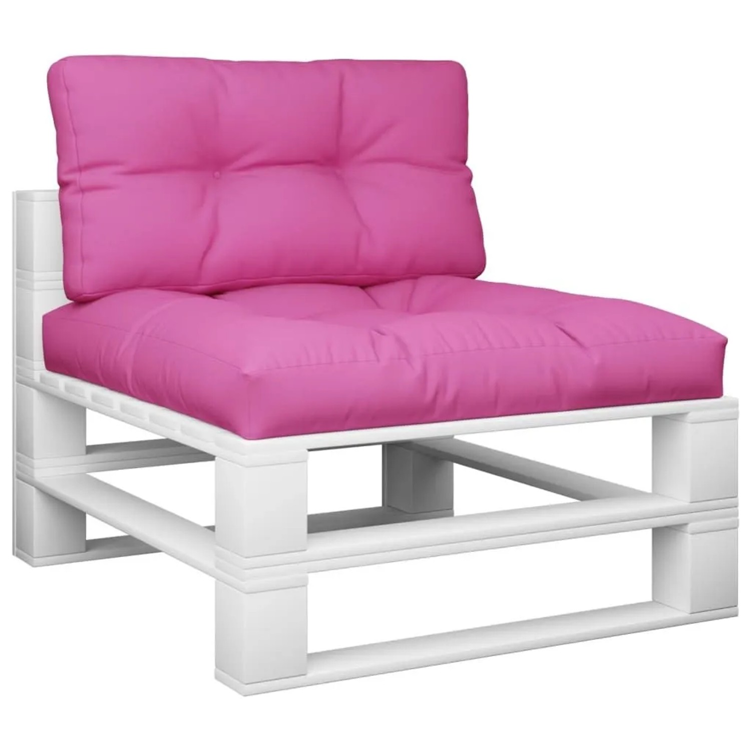 Rosa Palettenkissen-Set (2-tlg.) aus Stoff für Sitz und Rückenlehne auf weißem Palettenmöbel. Gartenauflagen.