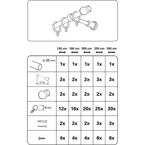 Gardinia Lugano Gardinenstangen-Set, Natur, 200 cm, mit Zubehör. Details zur Ausstattung je nach Länge in Tabelle.