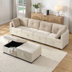 Beiges Merax U-Sofa mit 6 flexiblen Samt- und Cord-Modulen, integriertem Stauraum und Fußbank für Wohnzimmer.