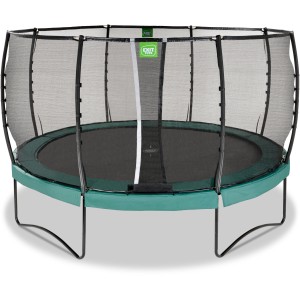 Grünes EXIT Allure Premium Trampolin Ø 427 cm mit Sicherheitsnetz für den Garten.