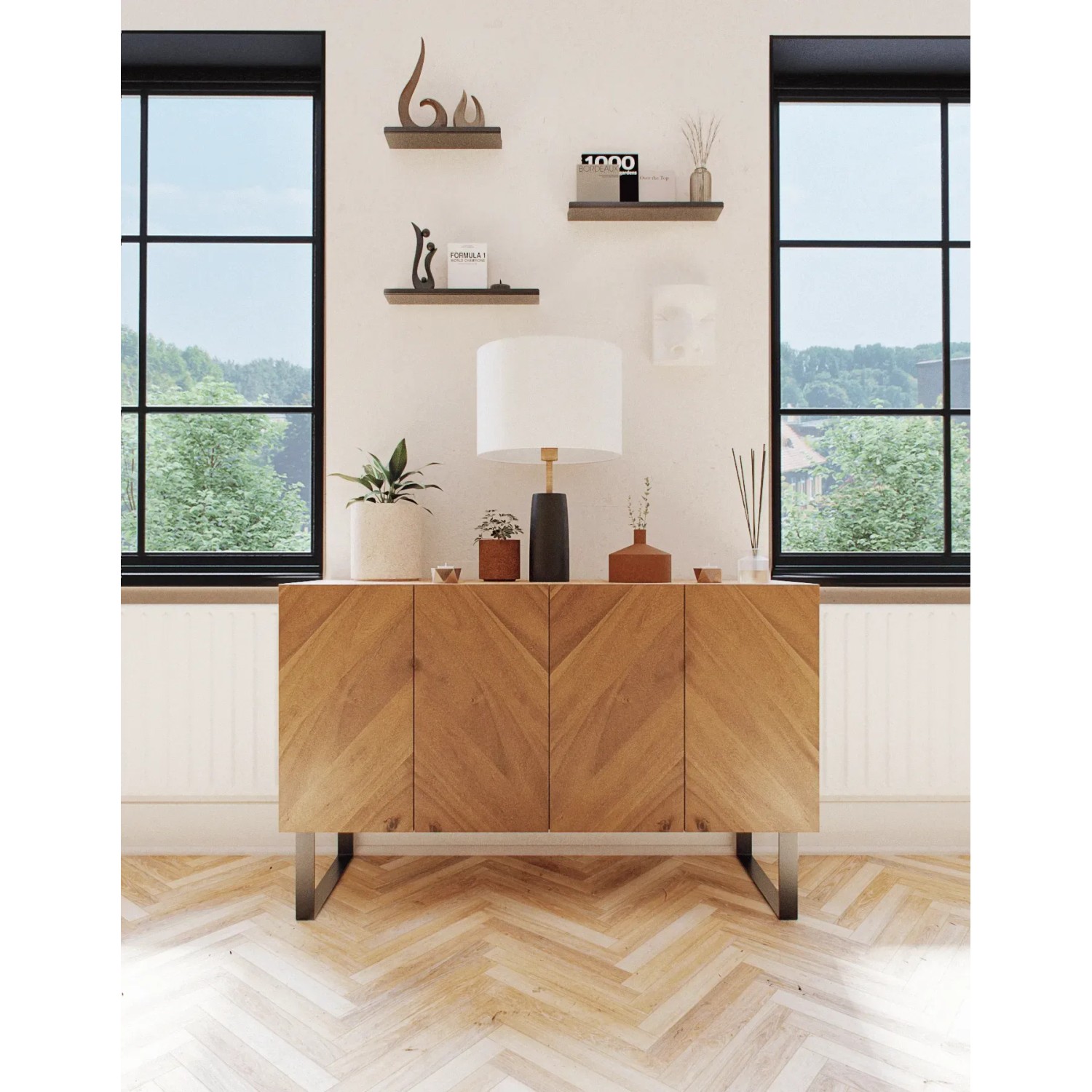 HEVVA Möbelfüße LUXEMBURG, 2er Set, 20 cm hoch, 35 cm tief, schwarz, unter Sideboard im Wohnzimmer.