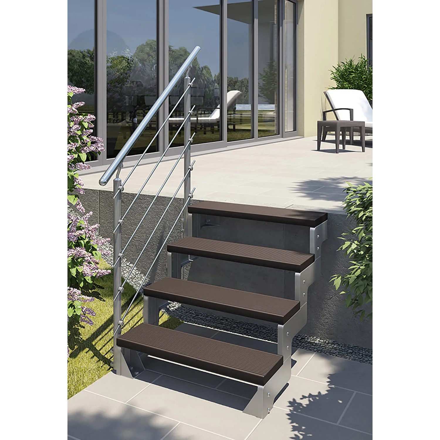 DOLLE Außentreppe Gardentop mit 3 Stufen in Dunkelbraun und Geländer aus Aluminium und Edelstahl.
