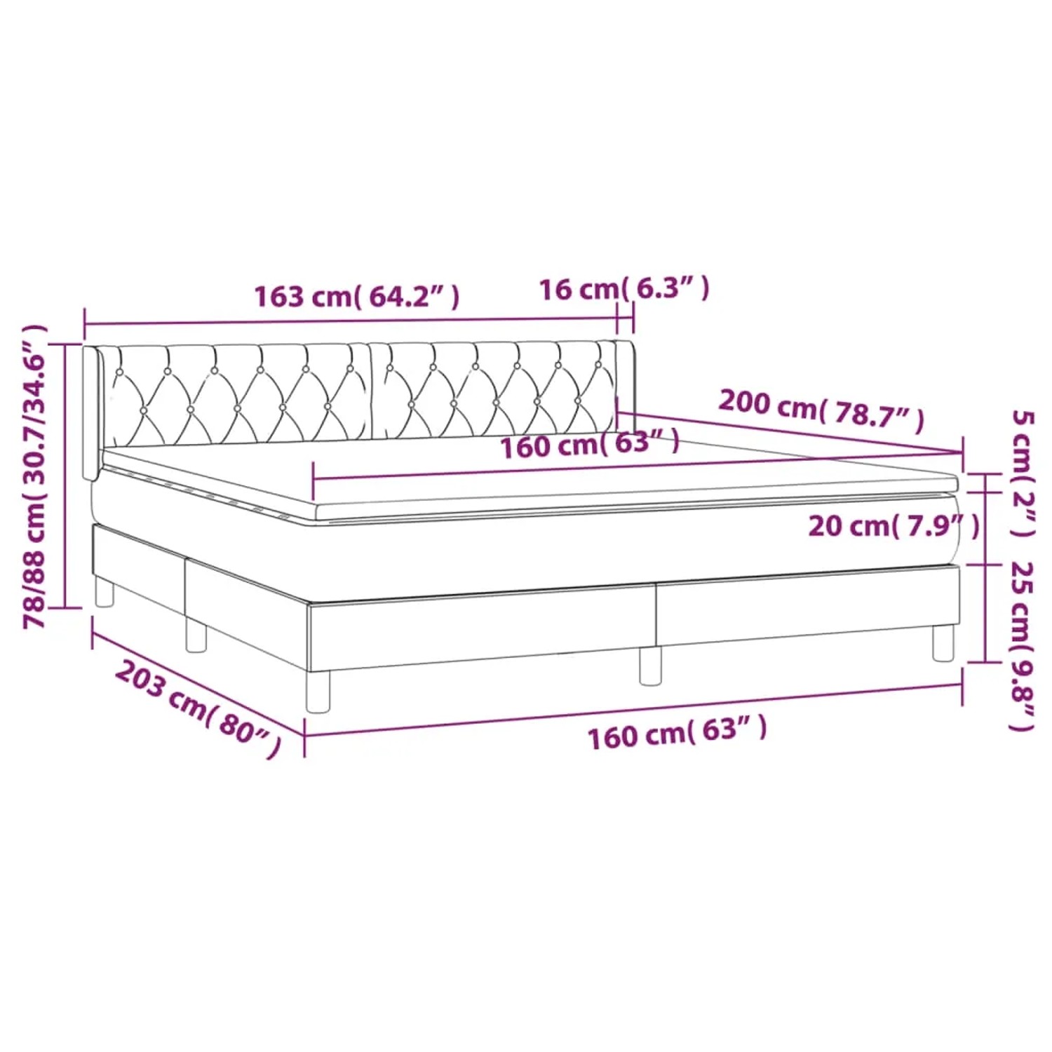 Schwarzes Boxspringbett 160x200 cm mit Samtbezug, gestepptem Kopfteil und Matratze.
