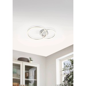Moderne LED-Deckenleuchte Palmaves 3 von Eglo, Nickel-Matt/Silber, mit zwei runden Leuchtelementen.