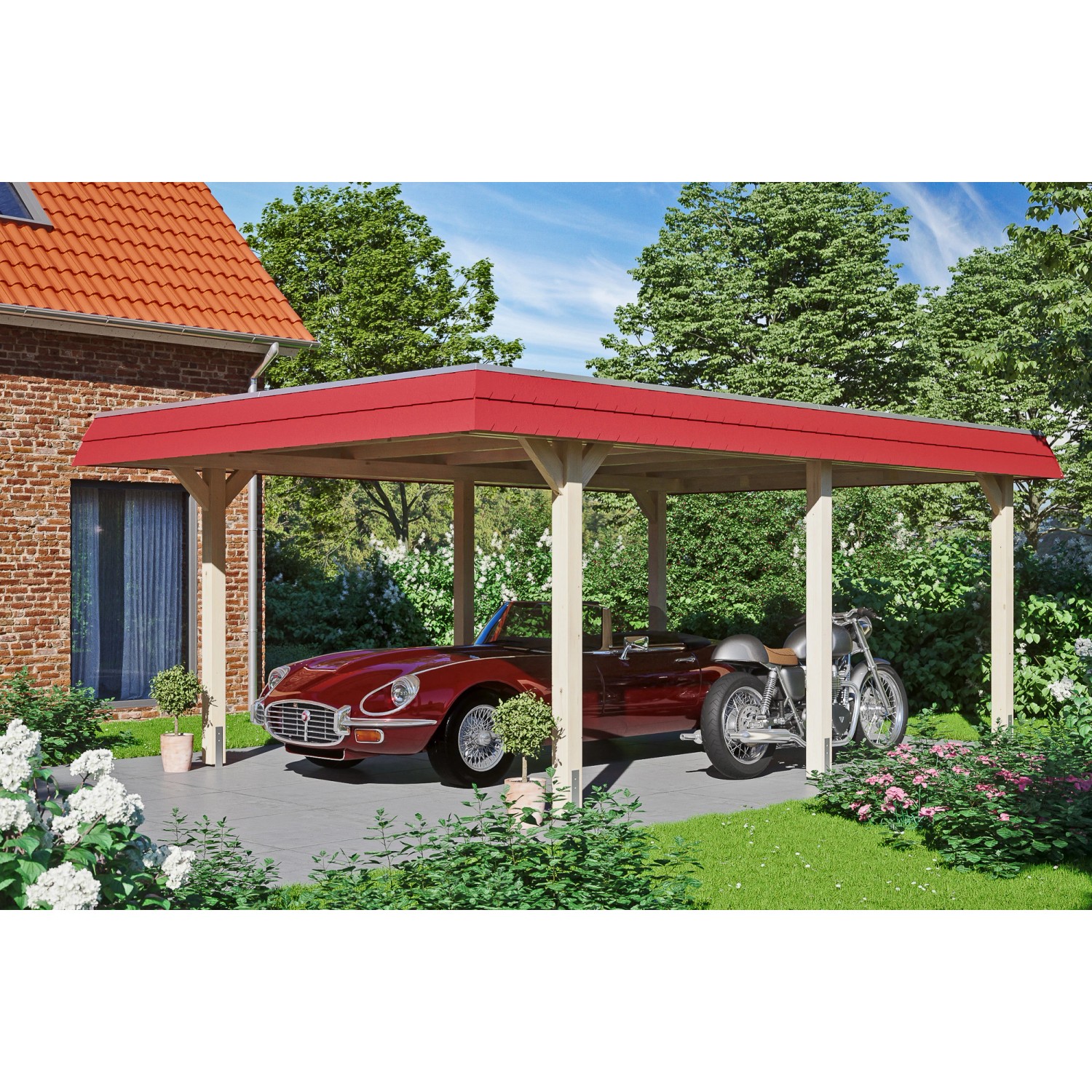 Skan Holz Carport Wendland Natur 409 x 628 cm Alu-Dach Blende Rot