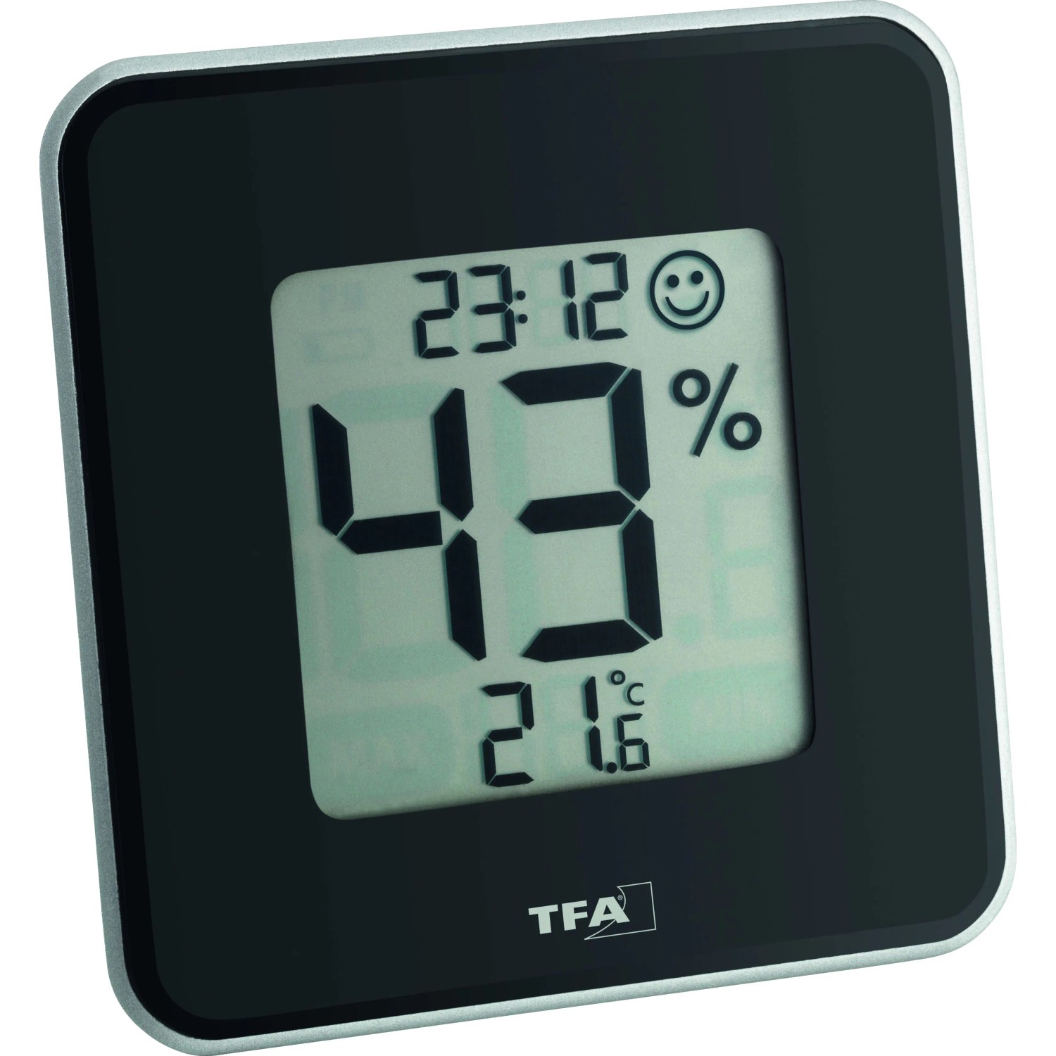 Digitales Thermo-Hygrometer Style von TFA in Schwarz zeigt Temperatur und Luftfeuchtigkeit.