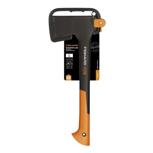 Fiskars Universal- und Spaltaxt X10 S, 44 cm Länge, mit schwarzem Kopf und orangefarbenem Griff.