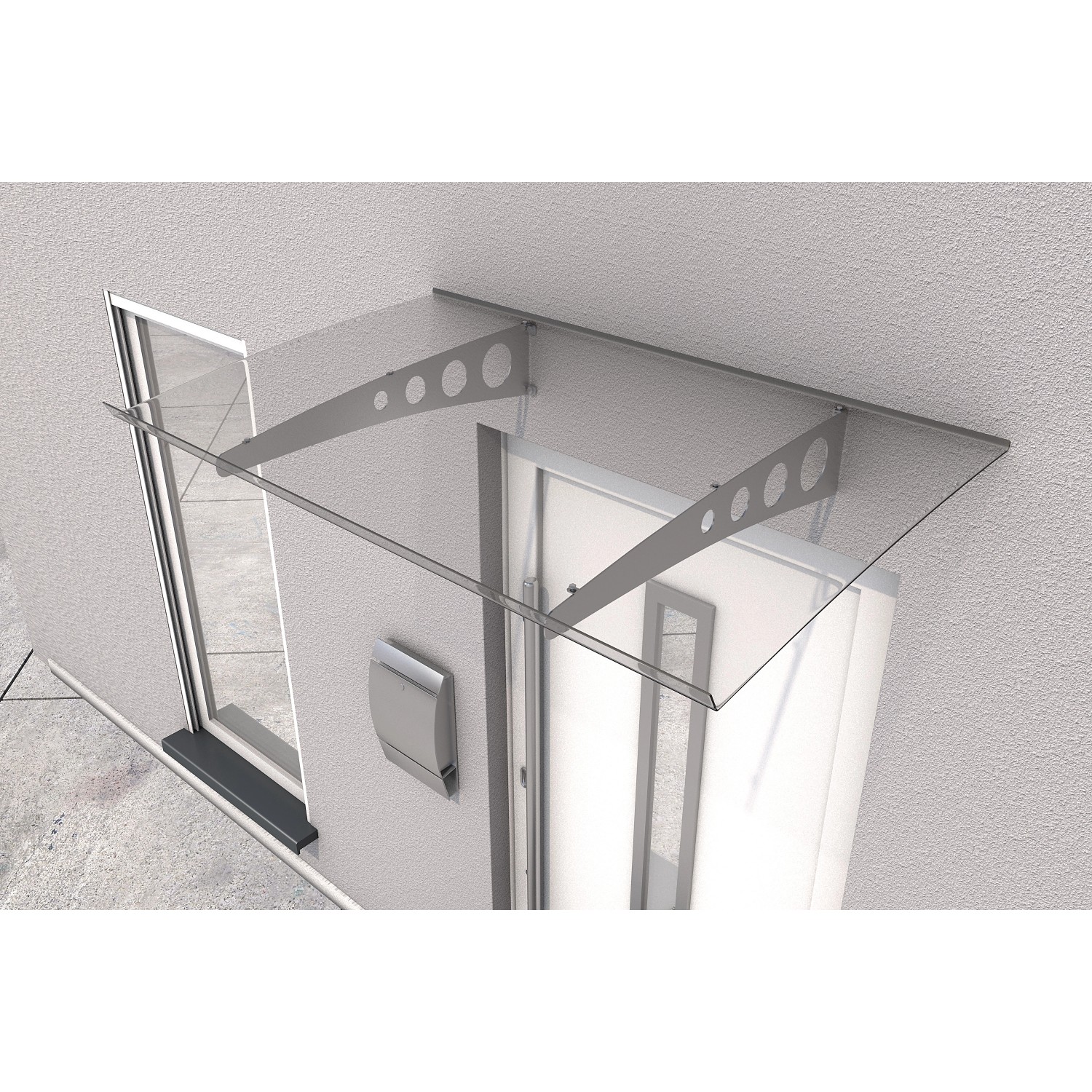 Modernes Gutta Pultvordach Pico Top 140, verzinkt und klar, 140x90x6 cm, über einer Haustür.