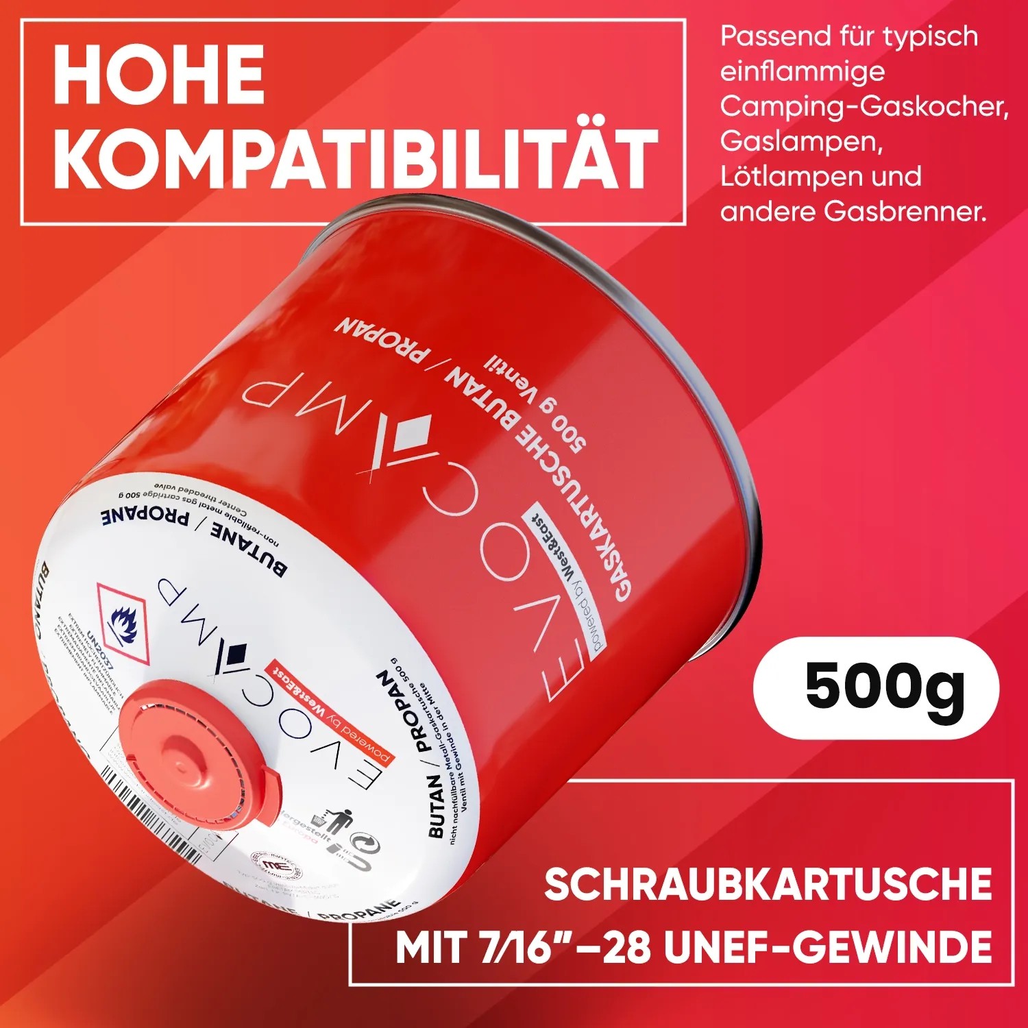Evocamp Gaskartusche (4er-Pack) mit 500g Butan/Propan für Campingkocher und Gasgrills.