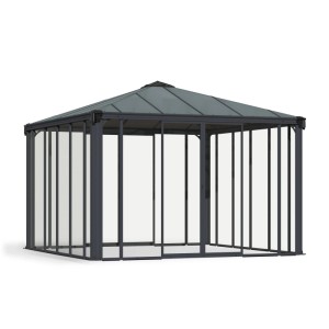 Canopia Ledro Pavillon 3.6x3.6 in Anthrazit/Grau mit geschlossenem Design und transparenten Wänden.