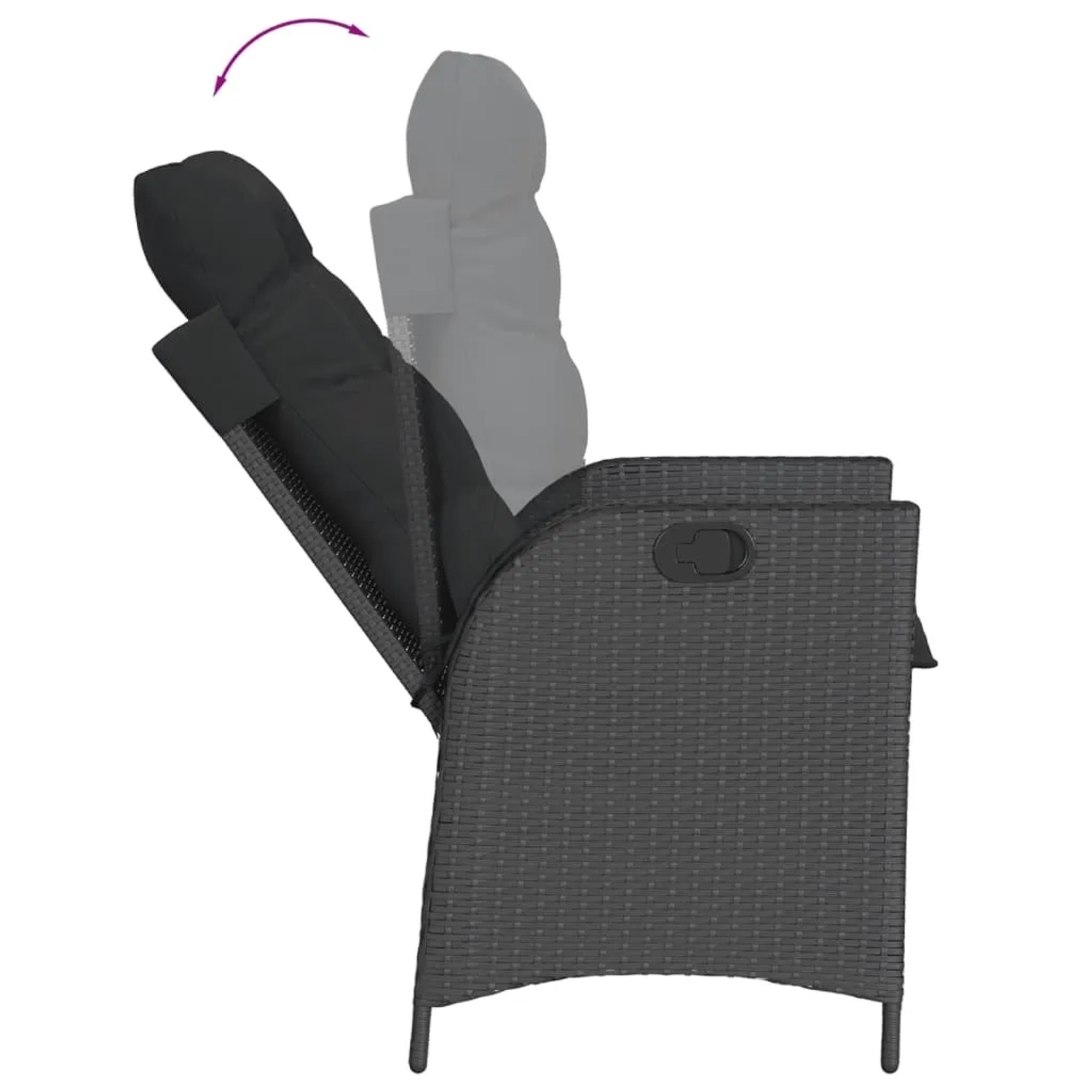 Verstellbarer Gartenstuhl aus schwarzem Poly Rattan mit Kissen, Teil der vidaXL Garten-Essgruppe.