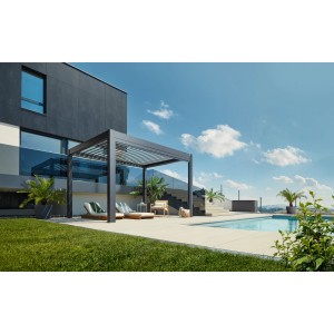 Moderne Biohort Pergola in Dunkelgrau/Silber-Metallic neben Pool und Haus. Terrassenüberdachung mit Lamellen.