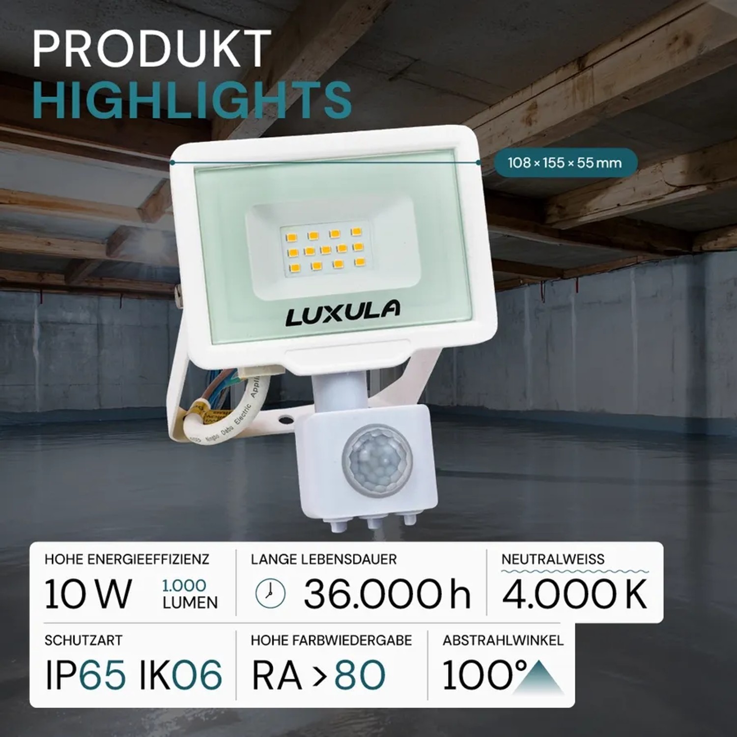 Weißer LUXULA LED Strahler 10W mit Bewegungsmelder für den Außenbereich.