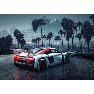 Fototapete Audi R8 L.A. in Grau und Rot, Sportwagen vor Skyline mit Palmen, 368x254 cm.