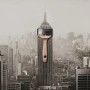 Schöner Wohnen Trendfarbe Manhattan, seidenglänzend, mit Pinsel vor New Yorker Skyline.