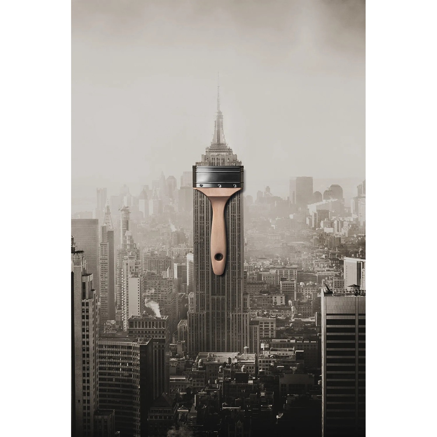 Schöner Wohnen Trendfarbe Manhattan, seidenglänzend, mit Pinsel vor New Yorker Skyline.