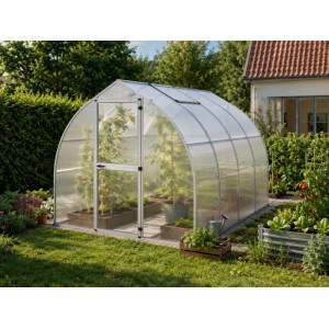 KGT Gewächshaus Alu blank 6,81 m² im Garten. Begehbares Gewächshaus mit gewölbtem Dach, Doppelstegplatten und Pflanzen.