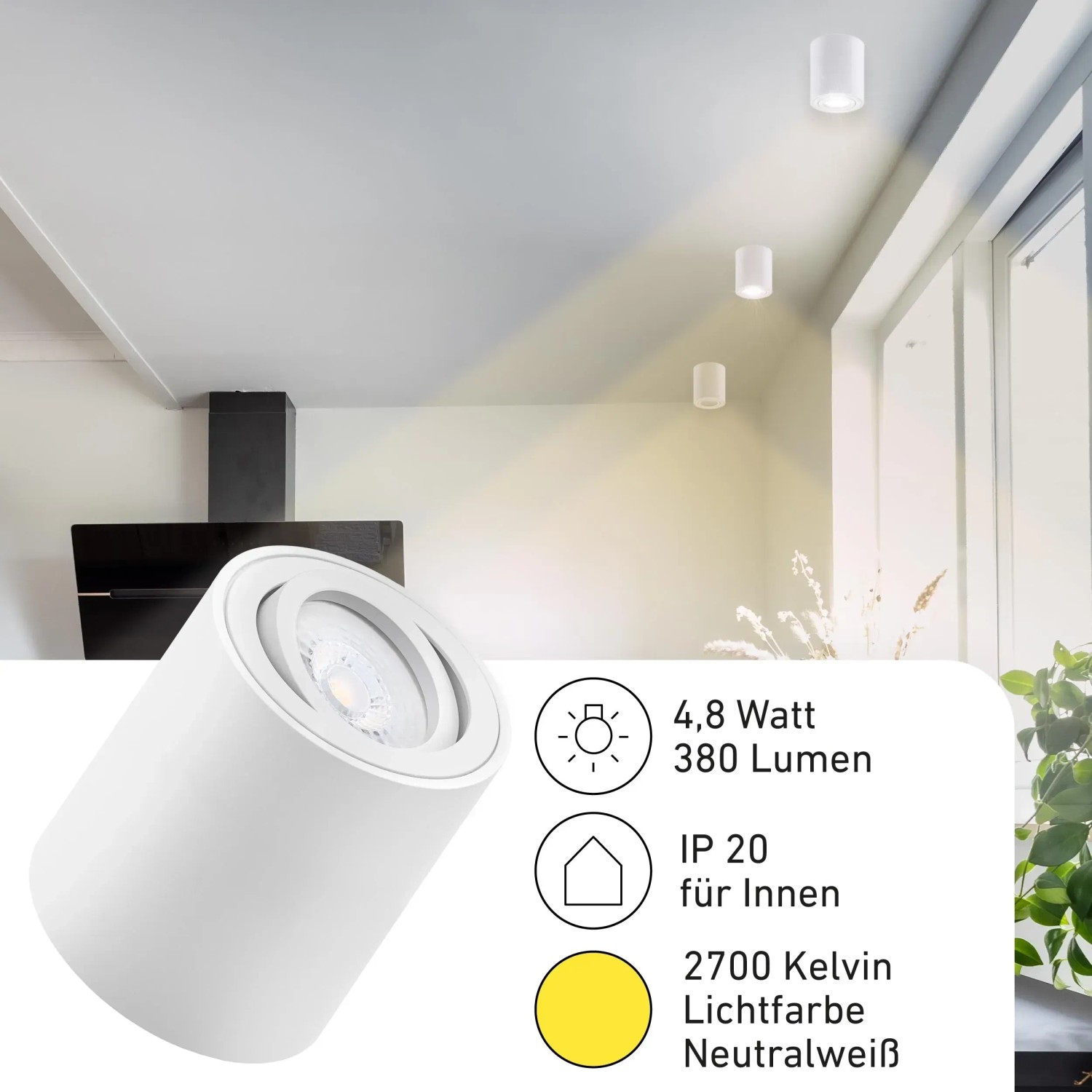 Oktaplex Lile M 3er Set: Weiße, schwenkbare LED Aufbauspots mit warmweißem Licht (2700K) für die Decke.