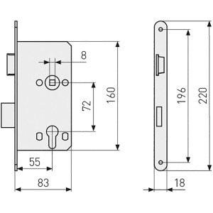 Technische Zeichnung Abus Einsteckschloss TGL für Wohnungsabschlusstür, Maße in mm.