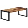 Rechteckiger Couchtisch aus Akazienholz mit schwarzem Metallgestell, 110x60x40 cm.