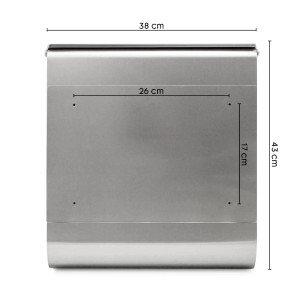 Edelstahl Briefkasten mit Maßangaben (38x43x12.5cm) für Wand- oder Standmontage.