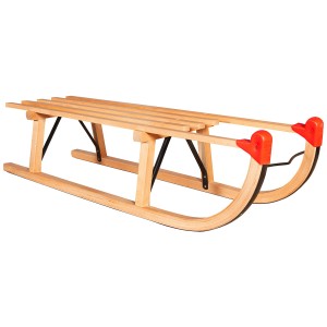 Rudisport Schlitten Davos, Holzschlitten 90 cm mit roten Kappen und Lattensitz.