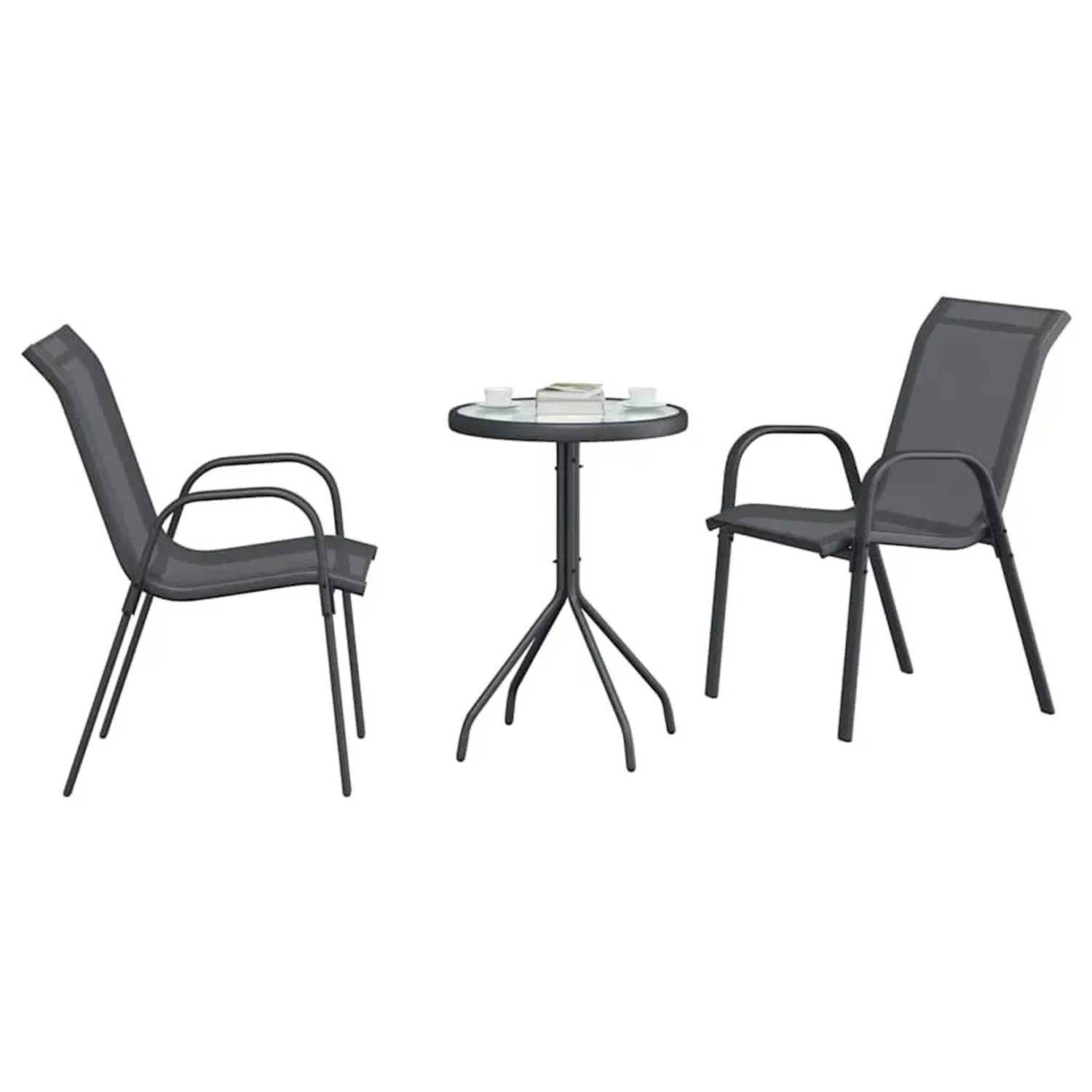 Graues 3-teiliges vidaXL Garten Bistro Set aus Stahl mit Tisch und zwei Stühlen.