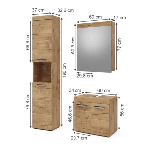 Vicco Badmöbel-Set Luna Eiche, 3-teilig: Hochschrank, Spiegelschrank, Waschbeckenunterschrank mit Maßangaben.