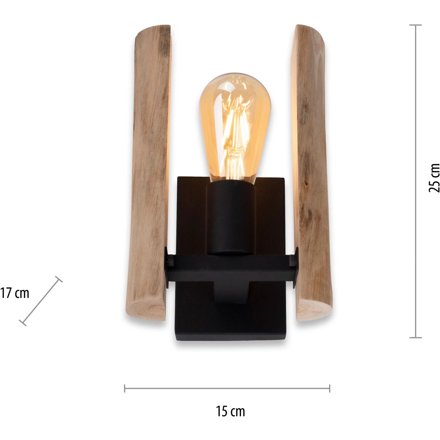 Just Light Wandleuchte Log, 10W, Naturholz, H 25cm. Moderne Wandlampe mit Holzelementen und E27 Fassung.
