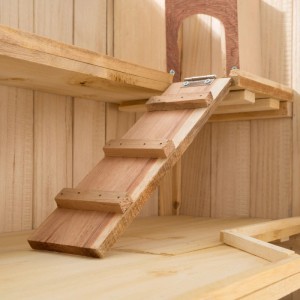 Detailansicht des Holz-Nagerkäfigs mit Etagen und Rampe.