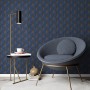 Blaue Erismann Vliestapete Elle Decoration 4 Avantgarde mit goldenem Art Deco Fächer-Muster.