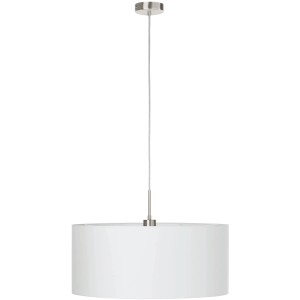 Weiße Eglo Hängeleuchte Pasteri mit Nickel-Akzenten, Stoffschirm, Durchmesser 53 cm. Moderne Pendelleuchte für Wohnräume.