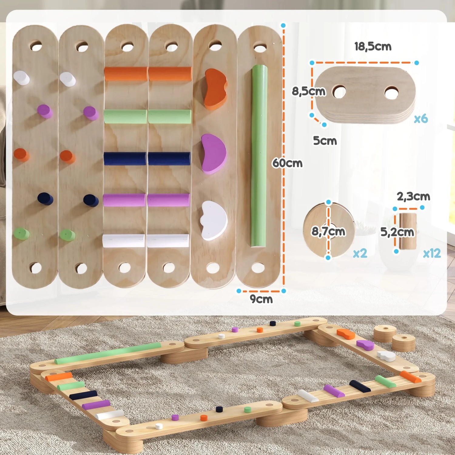 AIYAPLAY Balancierbalken Set mit bunten Balanciersteinen aus Holz für Kinder.