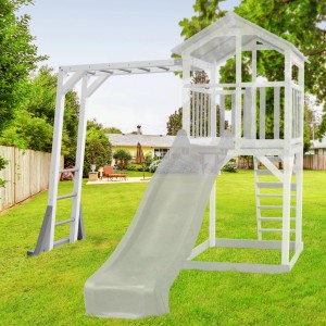 Axi Beach Tower Klettergerüst in Grau und Weiß mit Rutsche und Kletterwand im Garten.