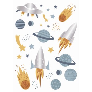 ESTAhome Wandtattoo Weltraum mit Raketen, Planeten und Sternen in Blau, Grau und Gelb.