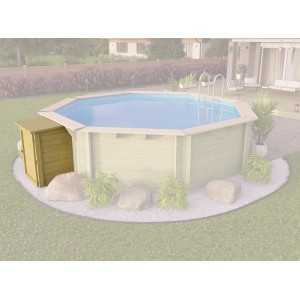Karibu Technikbox 28 mm KDI neben Pool, Holz, zur Pooltechnik-Aufbewahrung.