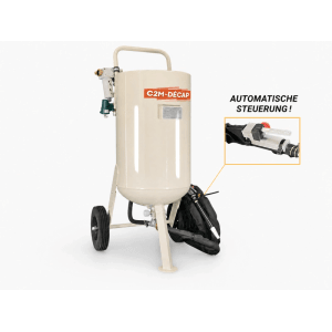 Mobiles C2M DECAP JUMBO Automatik Sandstrahlgerät 76 L in Beige mit Rädern und automatischer Steuerung.