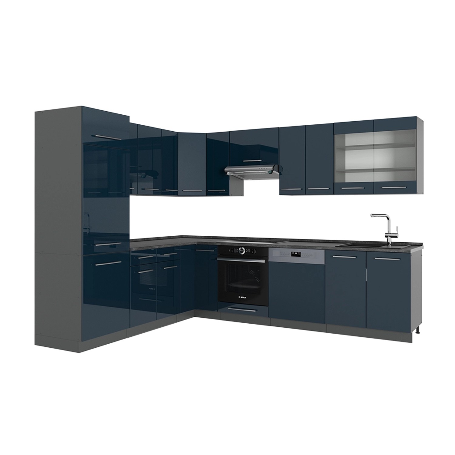 Vicco Fame-Line Eckküche Dunkelblau Hochglanz/Anthrazit 227 x 60 cm ohne Ar günstig online kaufen