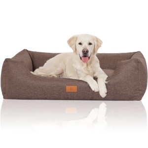 Knuffelwuff Hundebett Lotte XL in Graubraun mit Golden Retriever.