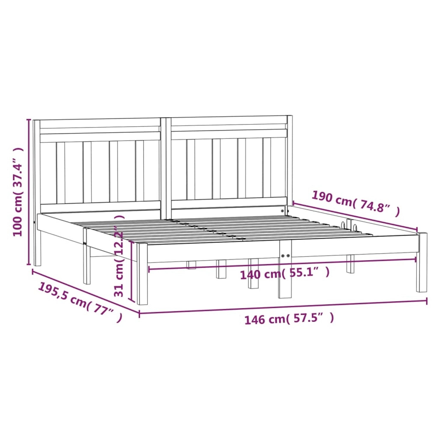 Weißes Massivholzbett 140x190 cm mit Lattenrost und Kopfteil, Kiefernholz Bett für Schlafzimmer.