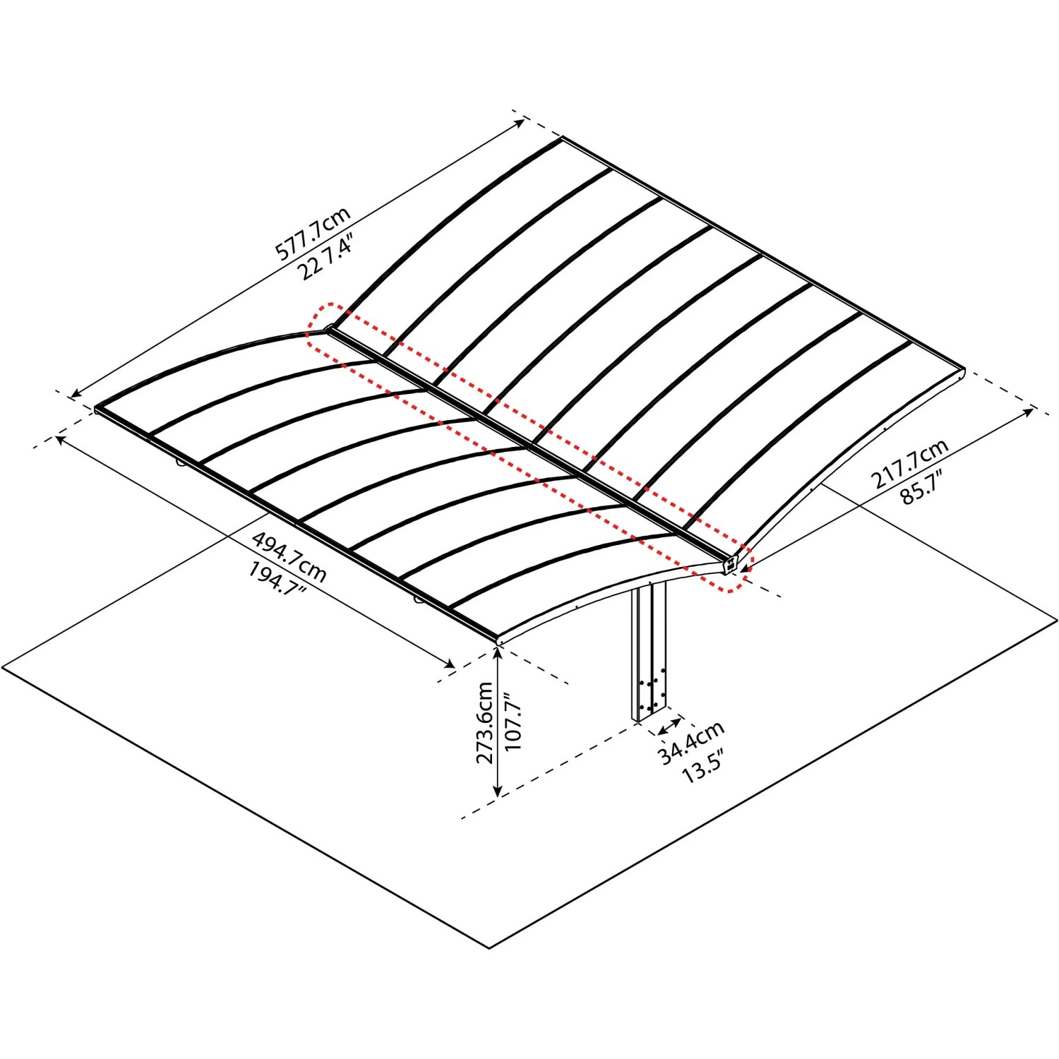Draufsicht des anthrazitfarbenen Palram Canopia Arizona Breeze 5.8 x 5 Doppelcarports mit Maßangaben.