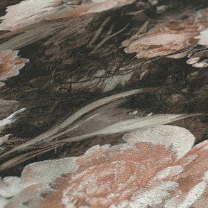 Detailansicht: Dunkle Vlies Tapete mit Blumenmuster im Vintage Stil, grau-rosa mit Glitzer.