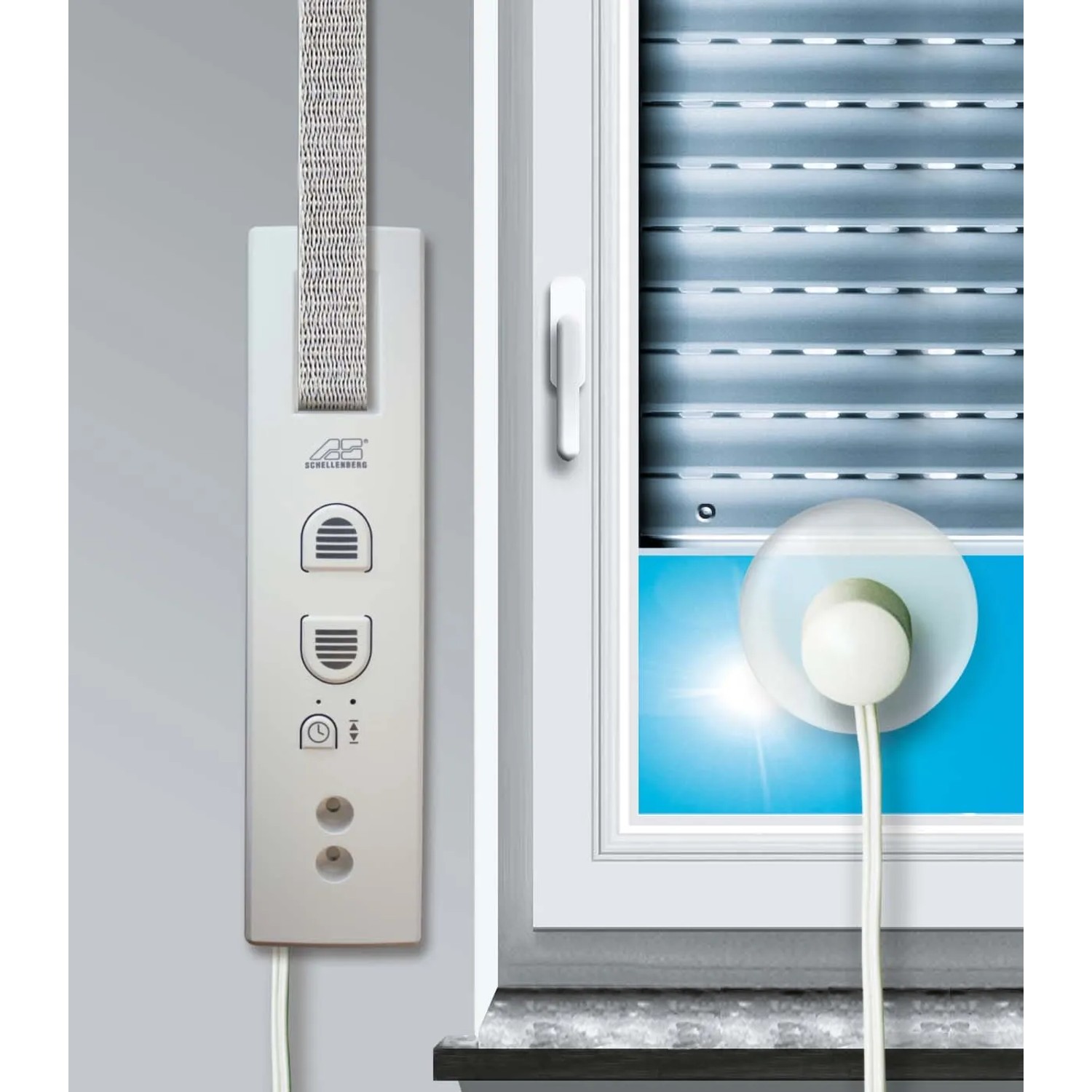 Schellenberg Sonnensensor für RolloDrive 35/45 am Fenster zur Rollladensteuerung.