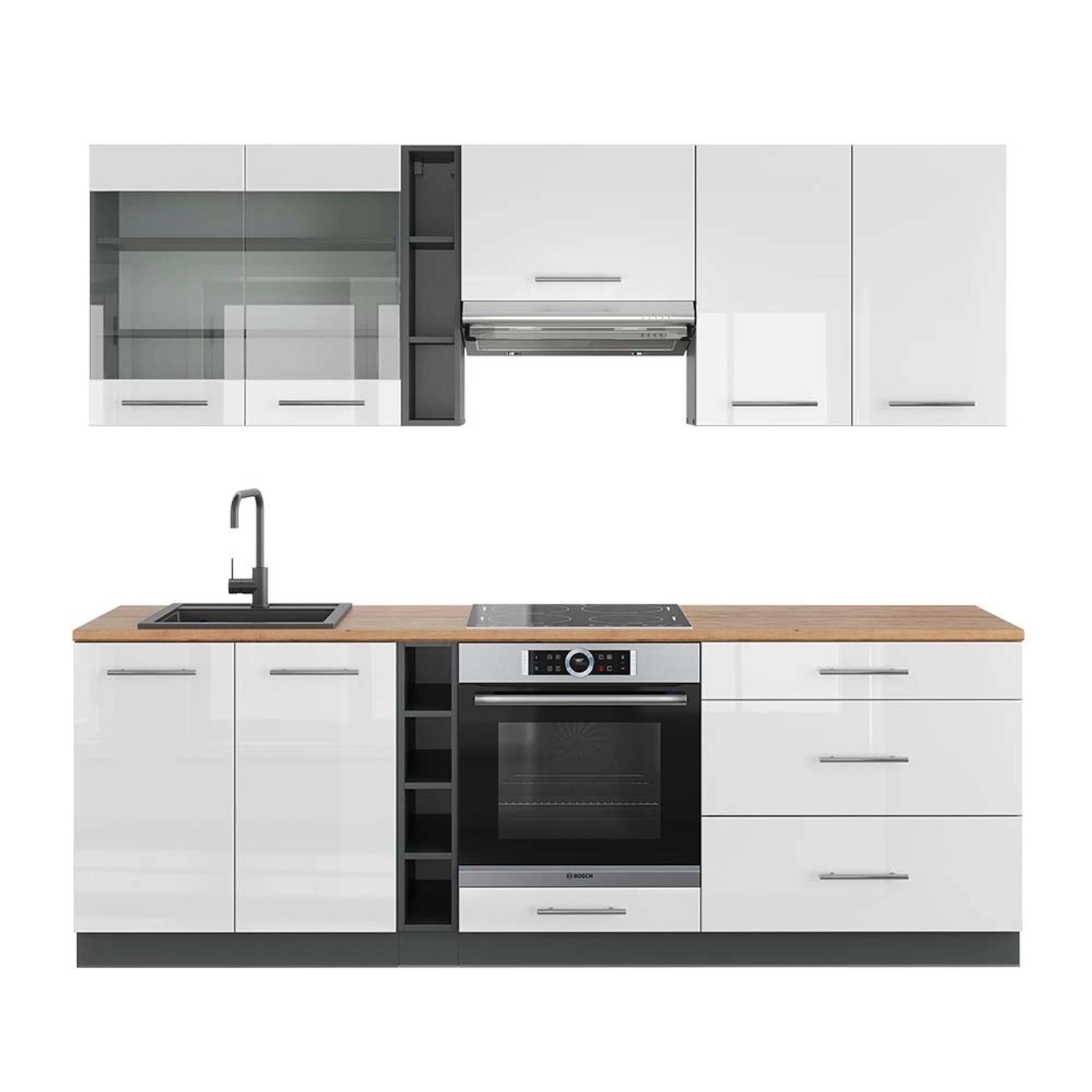 Vicco Fame-Line Küchenzeile Weiß Hochglanz/Anthrazit 235 cm AP Eiche günstig online kaufen