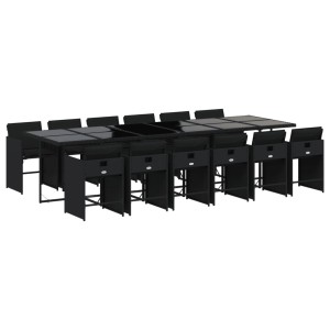 Schwarze 13-tlg. vidaXL Garten-Essgruppe aus Polyrattan mit Tisch, 12 Stühlen und Kissen.