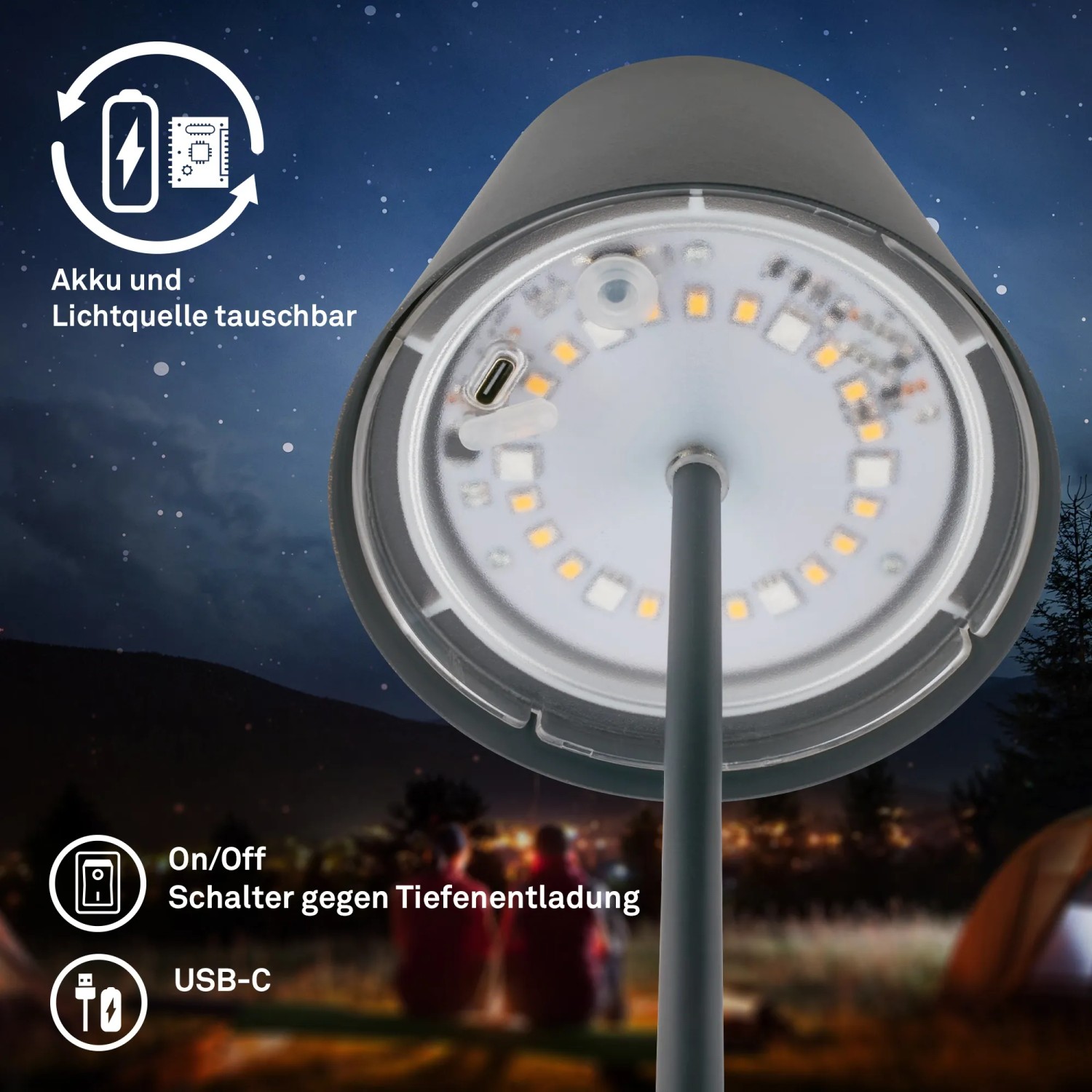 Brilo LED Akku Tischleuchte Anthrazit, 36cm, RGB, mit wechselbarem Akku und USB-C Anschluss.