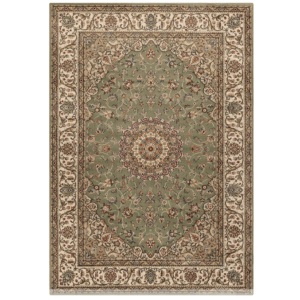 Klassischer grüner Kurzflor Teppich Amina Medaillon, 60x110 cm.