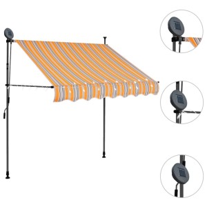 Einziehbare Markise, handbetrieben, gelb-blau gestreift, mit LED-Beleuchtung und Solarpanel. Für Terrasse, Balkon.