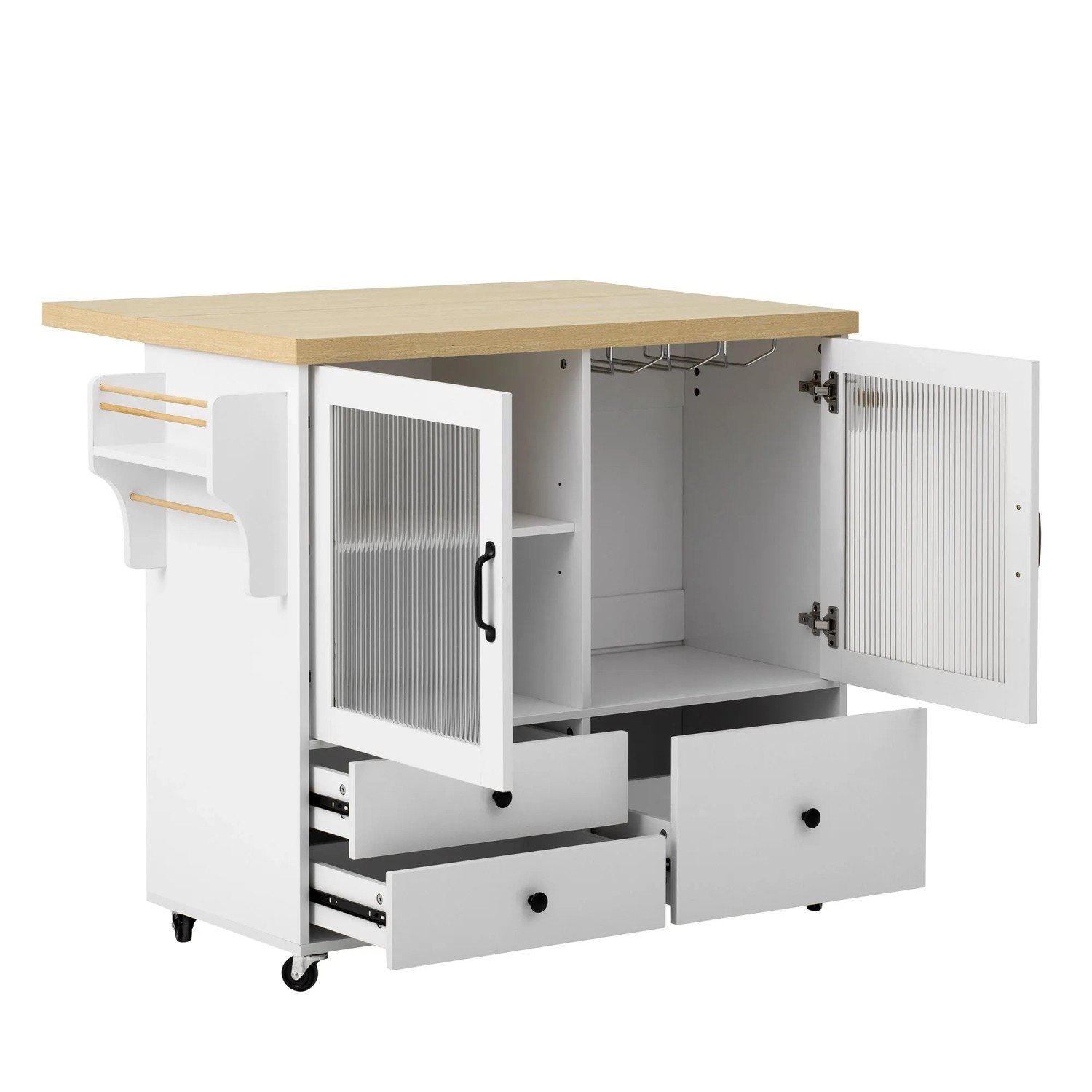 okwish Kücheninsel mit Rollen Ausziehbarem Esstisch Weinglashalter 100x42-70x91cm Weiß