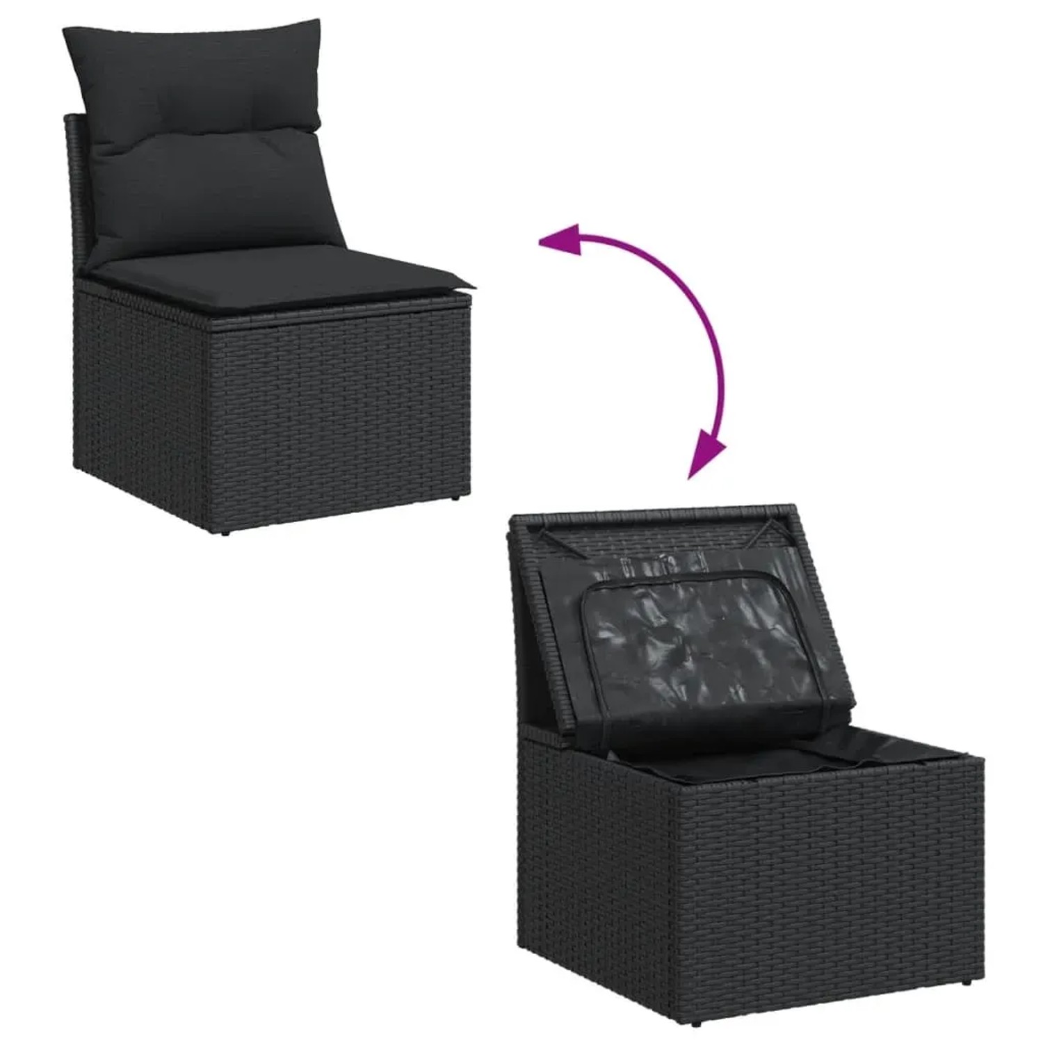 Schwarzes vidaXL Gartensofa aus Rattan mit Kissen und Stauraum, Teil einer 12-teiligen Gartenmöbel-Garnitur.